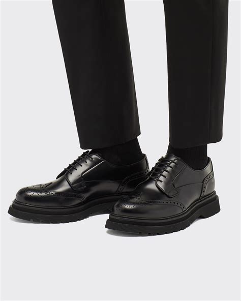 Black Brushed Leather Derby Brogue Shoes 